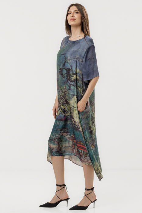 Rochie turcoaz eleganta satinata A-line cu croiala lejera si imprimeu pictural [3]