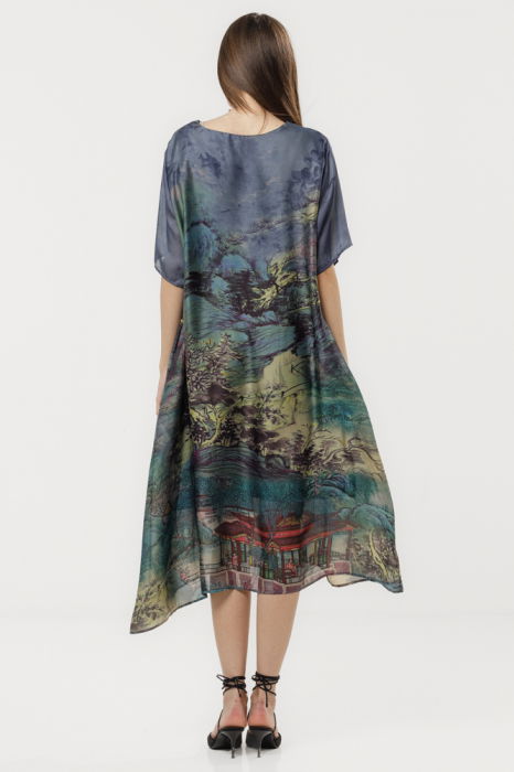 Rochie turcoaz eleganta satinata A-line cu croiala lejera si imprimeu pictural [4]