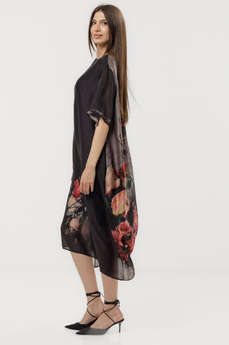 Rochie neagra eleganta satinata A-line cu croiala lejera si imprimeu trandafiri stilizati [3]