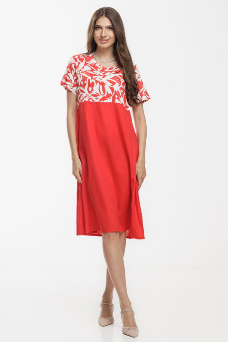 Rochie Eva A line, din in mercerizat, rosie cu platca imprimata [1]