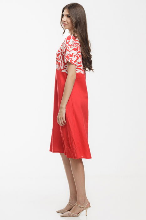 Rochie Eva A line, din in mercerizat, rosie cu platca imprimata [3]