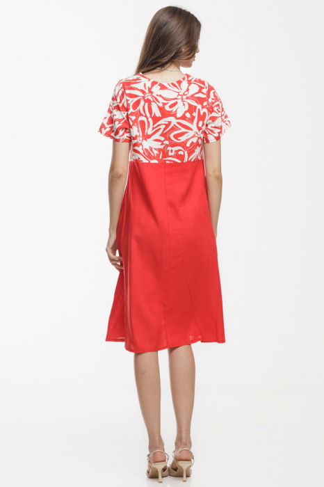 Rochie Eva A line, din in mercerizat, rosie cu platca imprimata [4]