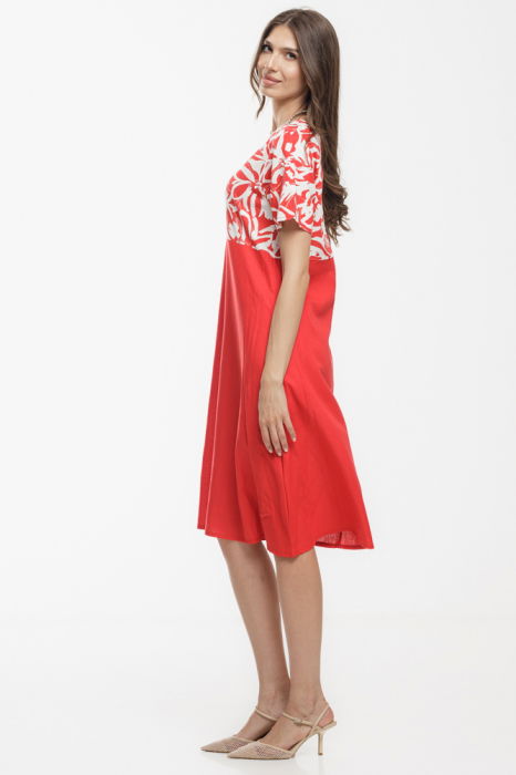 Rochie Eva A line, din in mercerizat, rosie cu platca imprimata [2]