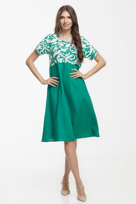 Rochie Eva A line, din in mercerizat, verde cu platca imprimata [1]