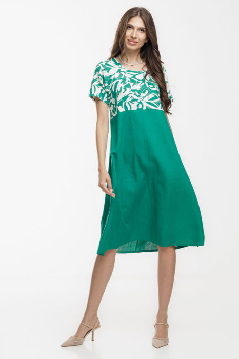 Rochie Eva A line, din in mercerizat, verde cu platca imprimata [2]