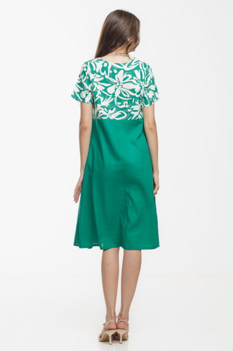Rochie Eva A line, din in mercerizat, verde cu platca imprimata [4]