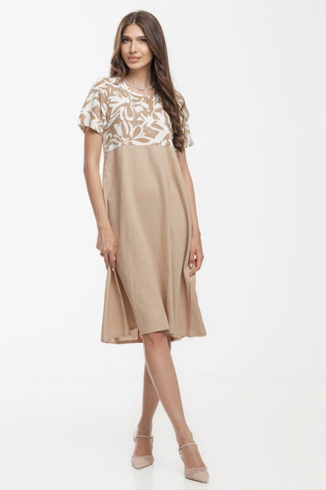 Rochie Eva A line, din in mercerizat, bej cu platca imprimata [2]