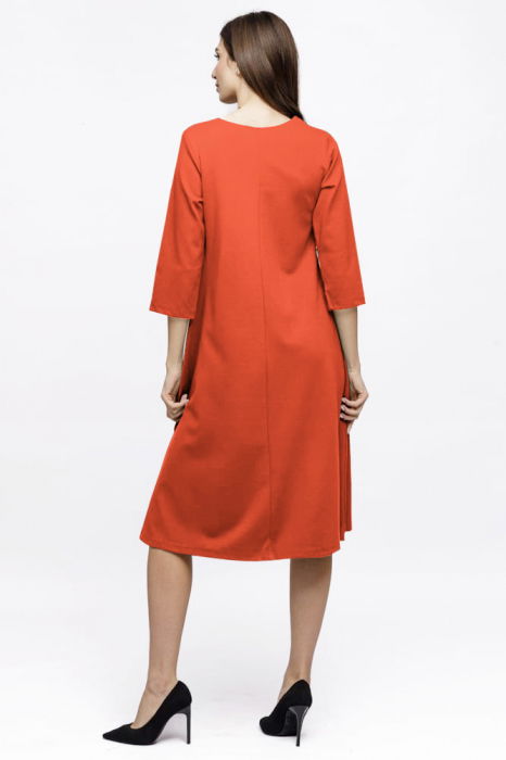 Rochie Eva midi portocaliu A line din tricot de vascoza si decolteu rotund, imprimeu floare la piept [3]