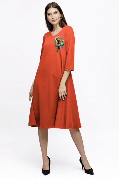 Rochie Eva midi verde A line din tricot de vascoza si decolteu rotund, imprimeu floare la piept [7]