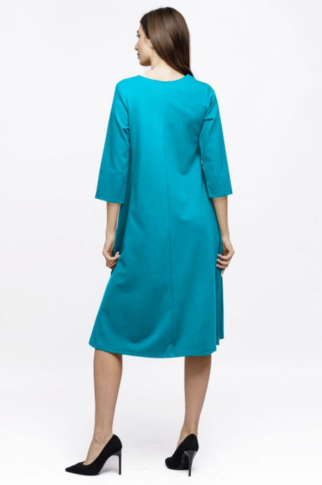 Rochie Eva midi turcoaz A line din tricot de vascoza si decolteu rotund [4]