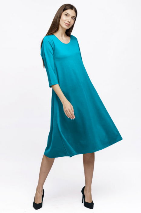 Rochie Eva midi turcoaz A line din tricot de vascoza si decolteu rotund [2]