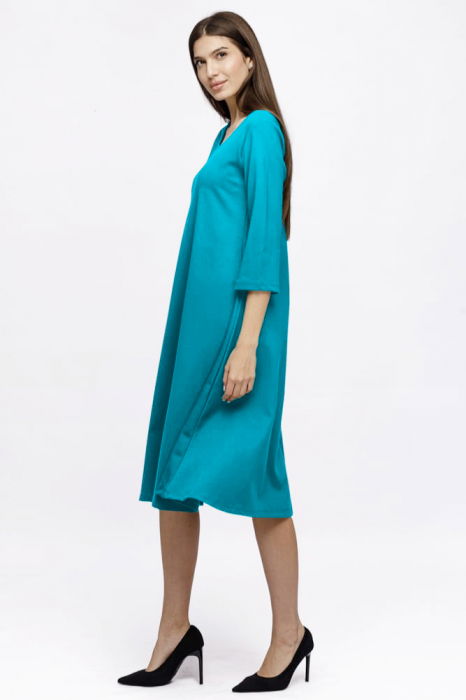 Rochie Eva midi turcoaz A line din tricot de vascoza si decolteu rotund [3]