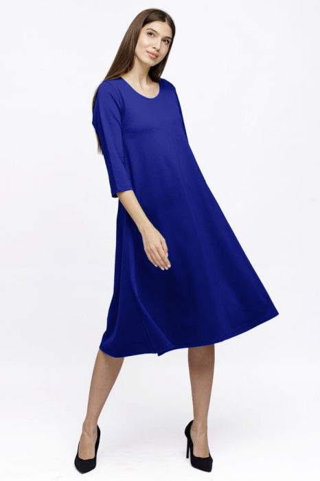 Rochie Eva midi albastra A line din tricot de vascoza si decolteu rotund [2]