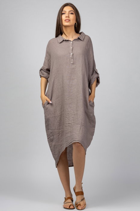 Rochie bej din in Stella Milani cu inel metalic pe spate