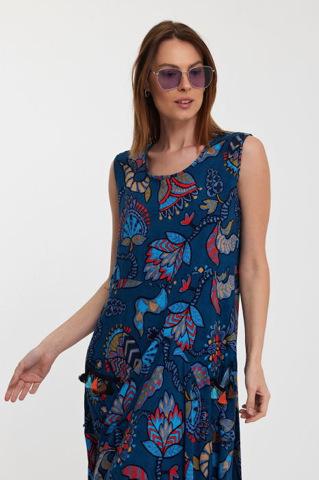 Rochie fara maneci albastra, lalea, in colturi, cu imprimeu, din vascoza [8]