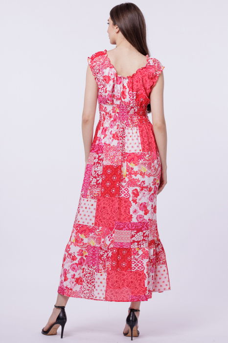 Rochie cu talia evidentiata si bust petrecut, imprimeu floral rosu [3]