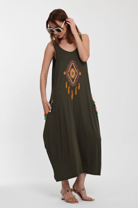 Rochie kaki fara maneci, cu broderie, din tricot de vascoza [4]