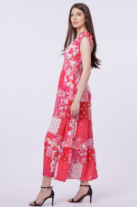 Rochie cu talia evidentiata si bust petrecut, imprimeu floral rosu [2]