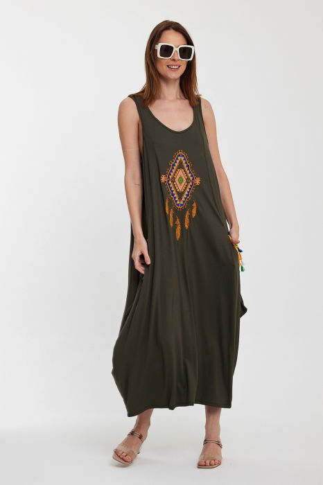 Rochie kaki fara maneci, cu broderie, din tricot de vascoza [8]