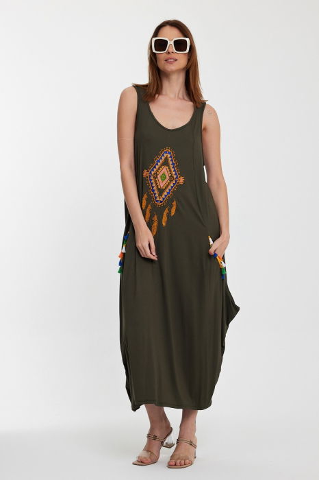 Rochie kaki fara maneci, cu broderie, din tricot de vascoza [6]