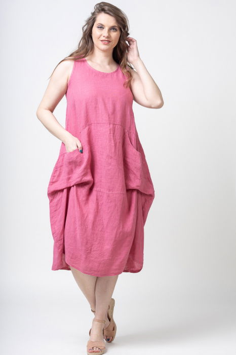 Rochie fara maneci, lalea, din in, cu falduri, roz inchis