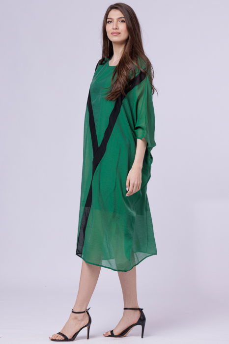 Rochie fluture, oversize verde, cu Y decorativ negru [2]