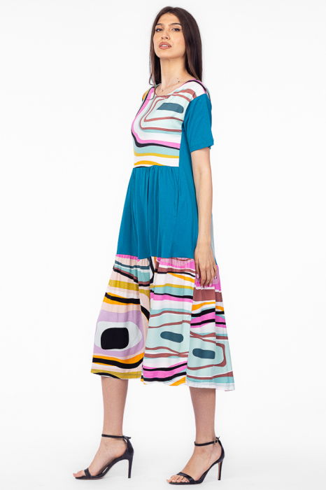 Rochie turcoaz cu platca si doua volane, imprimeu dungi, din bumbac [2]