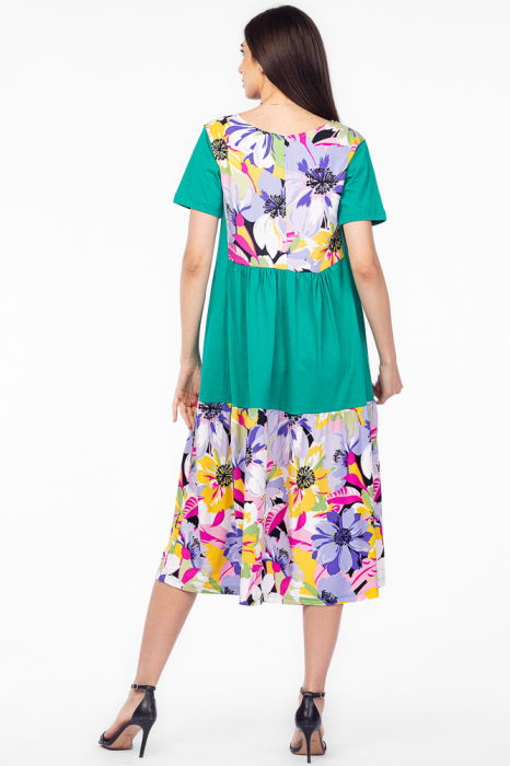 Rochie verde cu platca si doua volane, imprimeu flori mari, din bumbac [3]