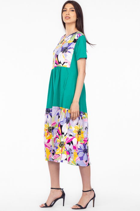 Rochie verde cu platca si doua volane, imprimeu flori mari, din bumbac [2]