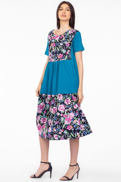 Rochie turcoaz cu platca si doua volane, imprimeu trandafiri, din bumbac [2]