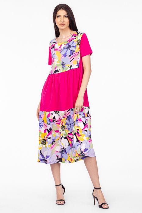 Rochie fucsia cu platca si doua volane, imprimeu flori mari, din bumbac [1]