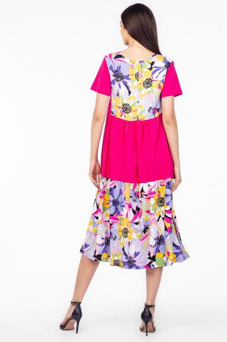 Rochie fucsia cu platca si doua volane, imprimeu flori mari, din bumbac [3]