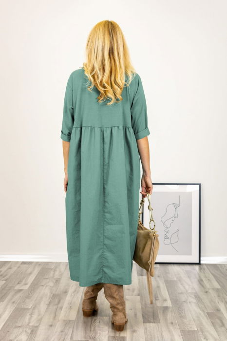 Rochie turcoaz prafuit cu taietura oblica si broderie, din poplin si jerseu, oversize [3]