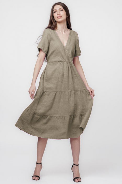 Rochie bej inchis din in cu volane si bust petrecut [2]