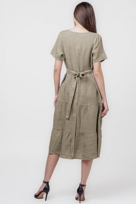 Rochie bej inchis din in cu volane si bust petrecut [3]