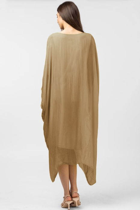 Rochie camel in colturi, lunga, ampla, din matase si vascoza, cu detaliu sub bust - [3]