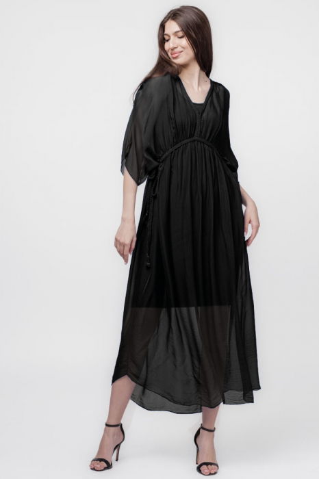 Rochie   Goddess   din matase si vascoza cu snur impletit pe decolteu si talie, neagra
