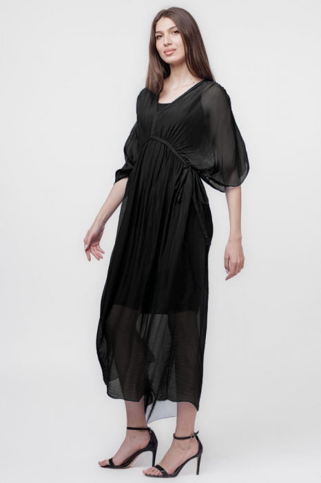 Rochie "Goddess" din matase si vascoza cu snur impletit pe decolteu si talie, neagra [2]