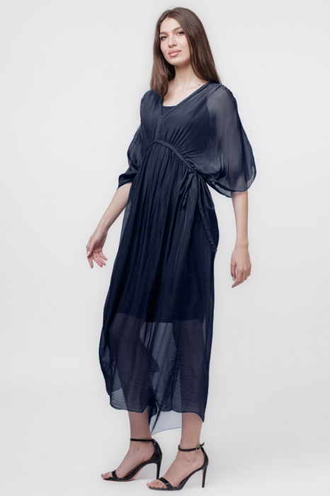 Rochie "Goddess" din matase si vascoza cu snur impletit pe decolteu si talie, bleumarin [2]