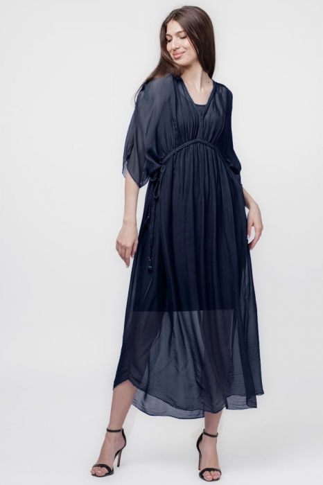 Rochie   Goddess   din matase si vascoza cu snur impletit pe decolteu si talie, bleumarin
