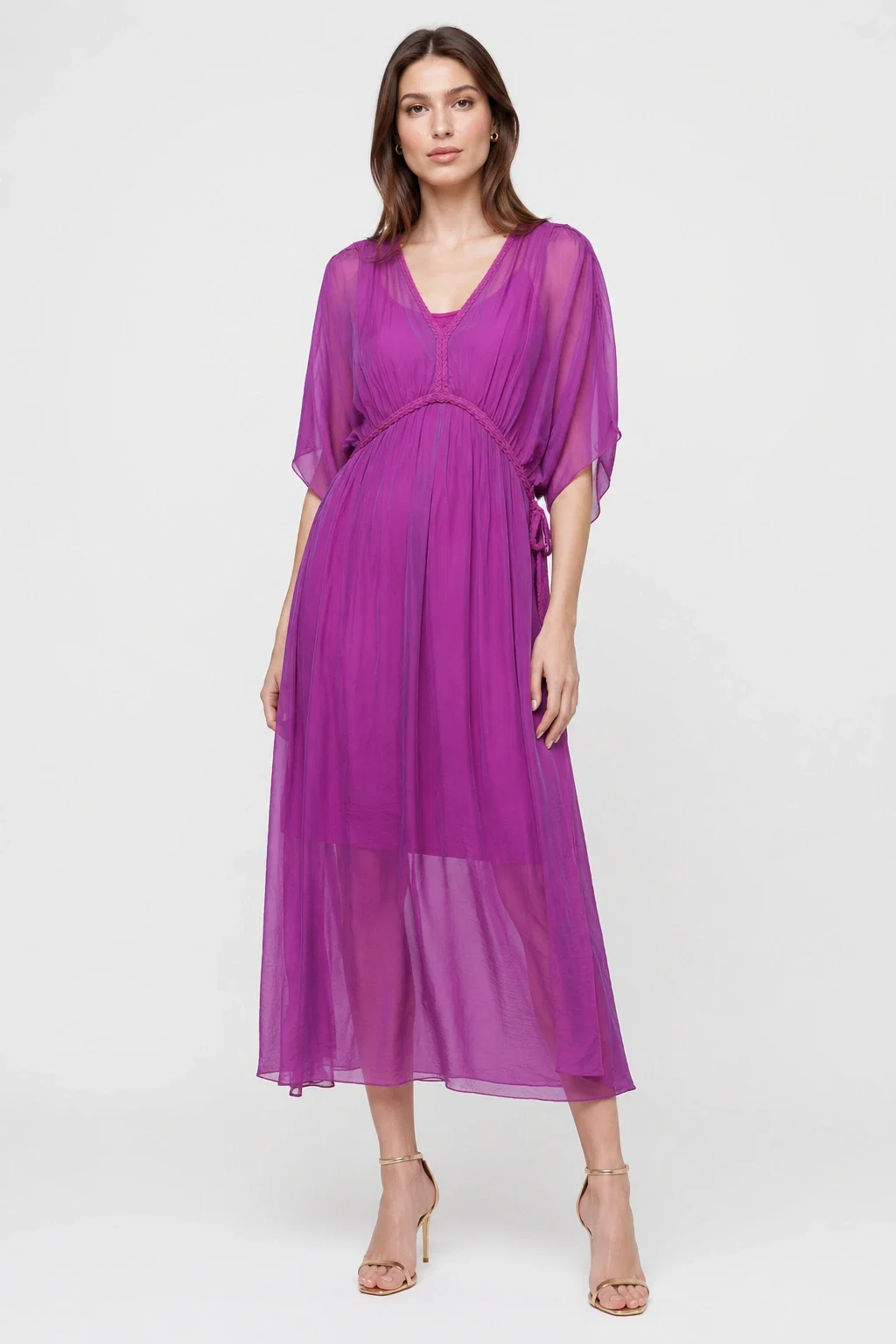 Rochie   Goddess   din matase si vascoza cu snur impletit pe decolteu si talie, magenta