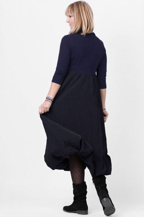 Rochie gogosar cu guler, din tafta si tricot bleumarin, uni [3]