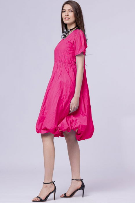 Rochie gogosar din vascoza creponata, taiata in talie, fucsia [2]