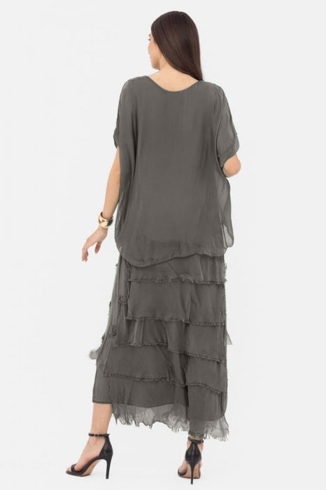 Rochie gri inchis din matase si vascoza cu  volane franjurate suprapuse [3]