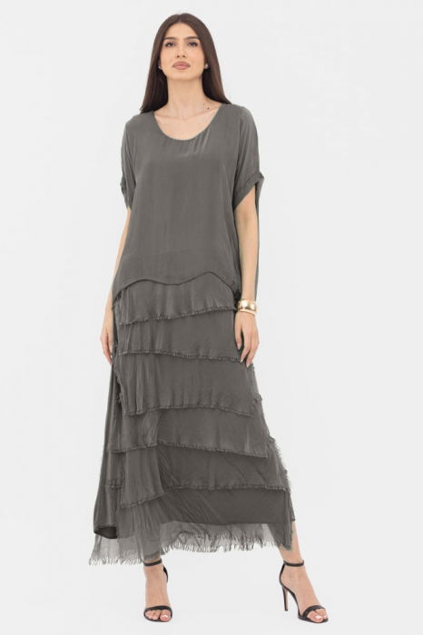 Rochie gri inchis din matase si vascoza cu  volane franjurate suprapuse [2]