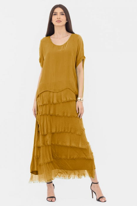 Rochie mustar din matase si vascoza cu  volane franjurate suprapuse [2]