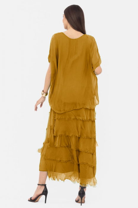 Rochie mustar din matase si vascoza cu  volane franjurate suprapuse [3]