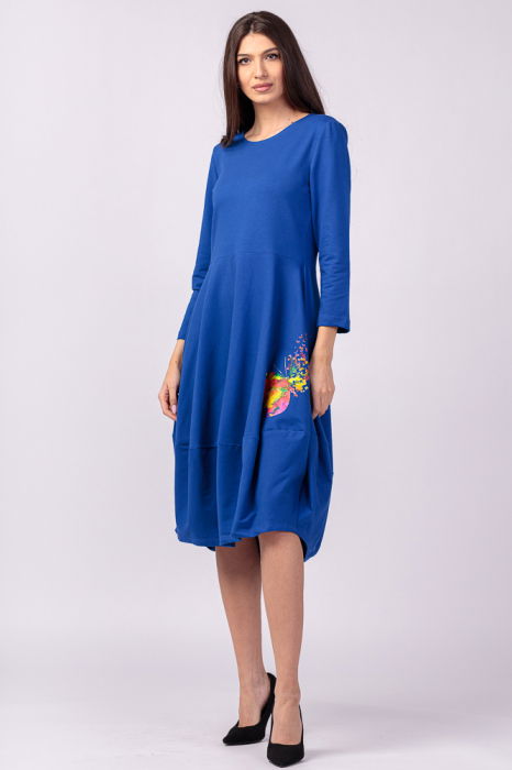 Rochie lalea din bumbac albastru electric, cu imprimeu fluture stilizat [1]