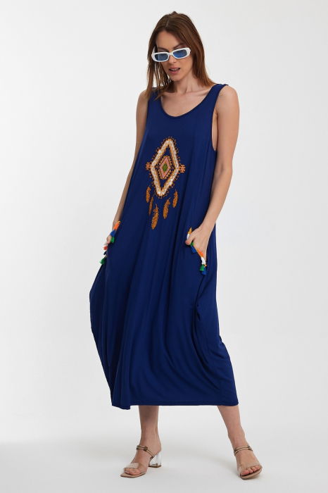 Rochie albastra fara maneci, cu broderie, din tricot de vascoza [3]