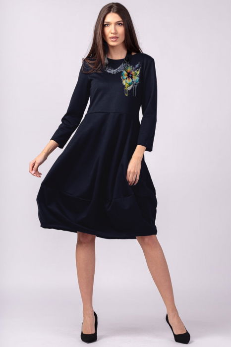 Rochie lalea bleumarin inchis, din bumbac cu imprimeu floare stilizata [1]